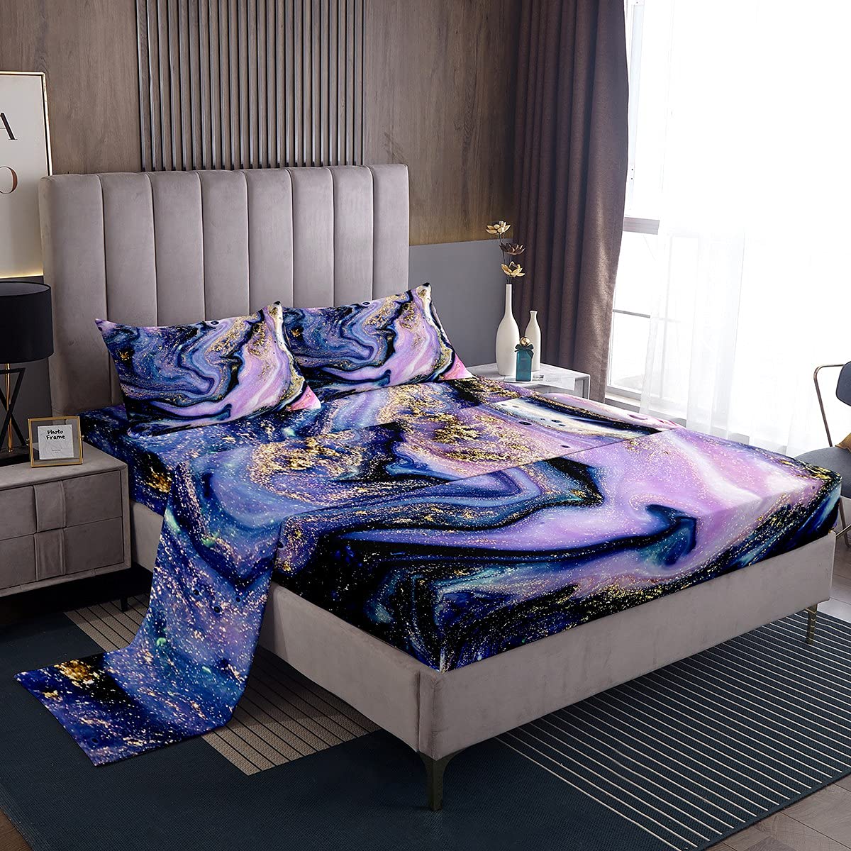 Loussiesd Marble Bed Sheet Set Purple Marble Sheets 100% Microfiber Super Soft Lightweight Deep Pockets 1 Fitted Sheet, 1 Flat Sheet, 1 Pillow Case - 3 Piece Bedding (Single, Purple) — image 1