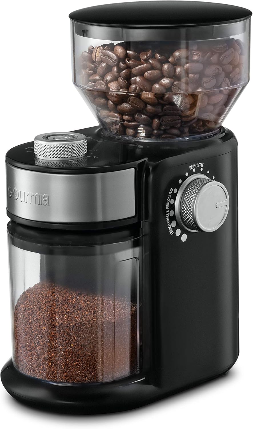 Gourmia GCG168 Electric Burr Coffee Grinder - 18 Adjustable Grind Sizes - Cup Selection Dial - Large Capacity - Removable Containers - Black