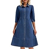 CIMUK Women's Denim Dress 3/4 Sleeve Button Down Collar A Line Swing Tiered Midi Jean Dresses