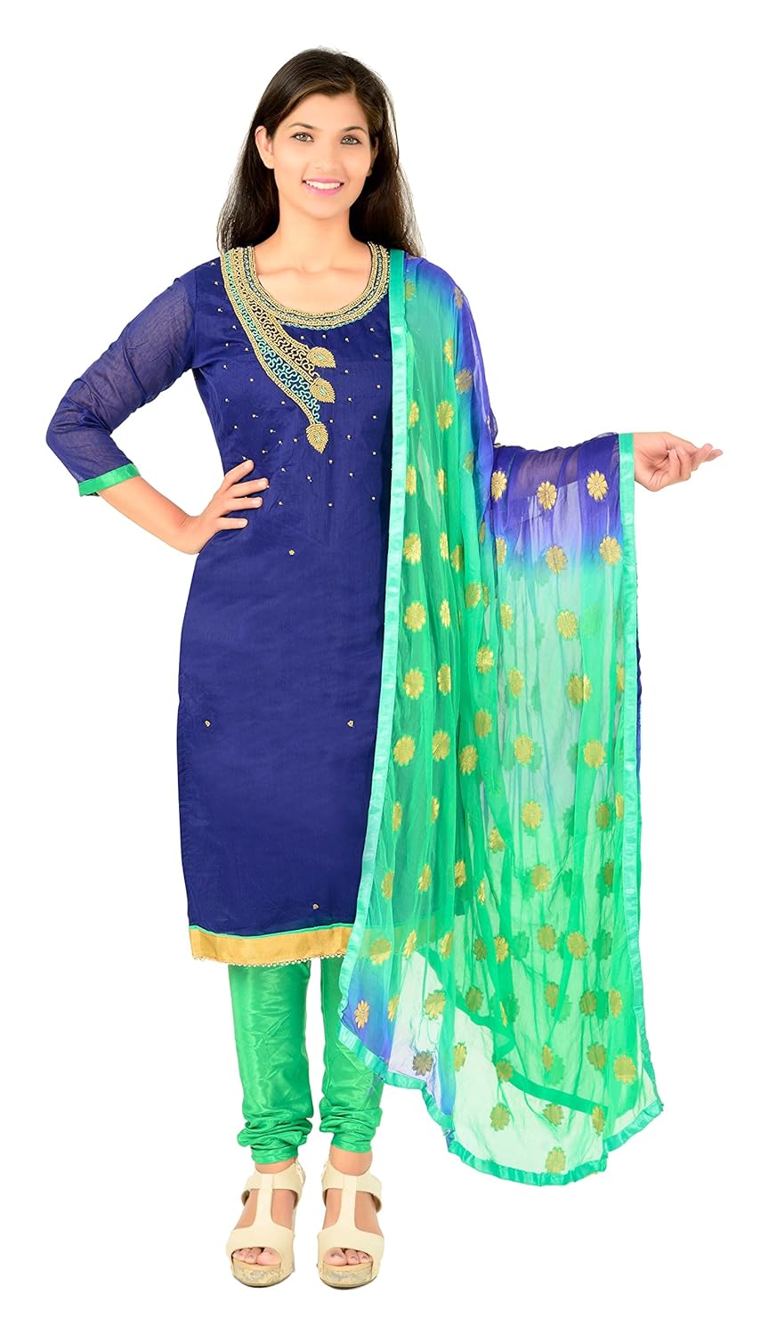 skycrue women's cotton silk handwork dress material, free size(navy blue, panchibue)