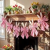 SmoothNovelty 8.2ft Easter Bunny Garlands Decorations Cute Bunny Ears Pink Bow Plaid Banner Rustic Velvet Hanging Garlands for Mantel Fireplace Wall Home Farmhouse Office Indoor Spring Decor Supplies