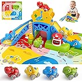 Toddler Toys for 1 Year Old Boy Gifts - Educational Dinosaur Slide Set with 4 Color/Number Push Cars and Playmat, Montessori Learning Toy for Baby 12-18 Months, 1st Birthday Present Ages 1-1.5, Yellow