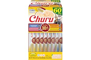 INABA Churu for Senior 10+, Creamy Lickable Cat Treats with Taurine, Vitamin E & C, 0.5 Ounces Each, 60 Tubes, Tuna & Chicken Variety