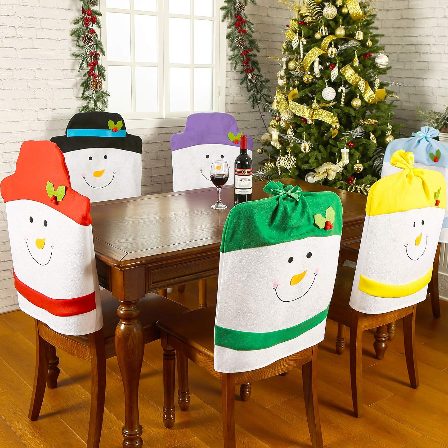Sattiyrch Christmas Snowman Chair Covers Set of 6,Novelty Party Holiday Dining Chair Slipcovers for Kitchen,Bar or Restaurant,23"(H) 20.5"(W): Kitchen & Dining