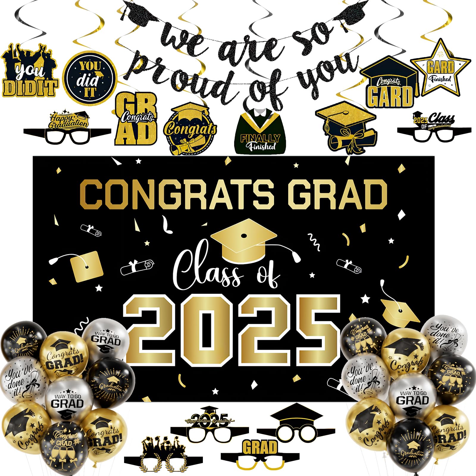 Photo 1 of Graduation Balloon Decorations 2025 – Complete Grad Party Kit with Backdrop, Photo Props, 18 Printed Balloons, Banner & Decorations for 2025 Graduation Party