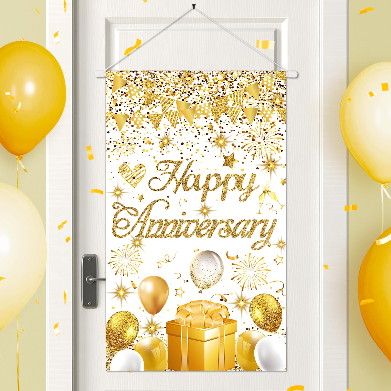White and Gold Happy Anniversary Door Banner - Small Wedding Party Decor - Front Porch Hanging Decorations for Men and Women