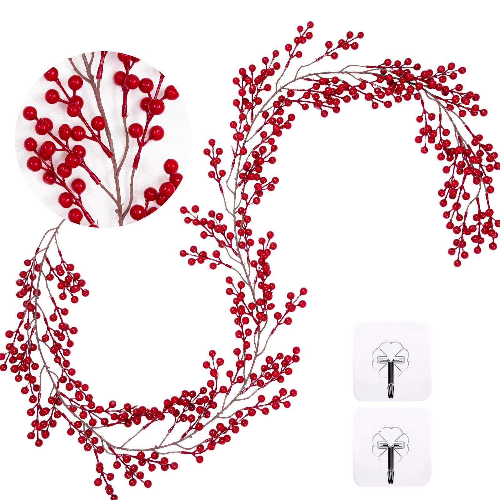 Whaline Artificial Red Berry Garland 5.9Ft Pip Berry Vine Christmas Realistic Burgundy Red Berry Hanging Garland for Xmas Winter New Year Fireplace Door Frame Holiday Craft Decoration