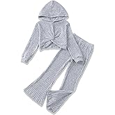 XUANHAO Girls Clothes Fall Winter Teen Outfits for Girl Rib Knit Twist Front Hoodie Flare Pants Sweatsuit Girls Clothing Set