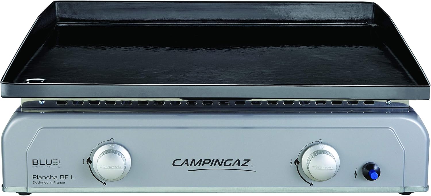 Campingaz Plancha, Gas Tischgrill, Gastrobräter mit Grillplatte aus emailliertem Stahl und 2 Stahlbrennern, Tischgriller mit BlueFlame Technologie für mediterranes Grillen a la Plancha