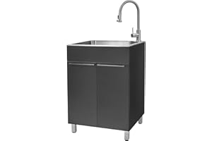 PRESENZA Large W24.1 x D21.3 x H33.8 Stainless Steel Laundry Sink with Faucet & Charcoal Gray Metal Laundry Cabinet – Deep Ut