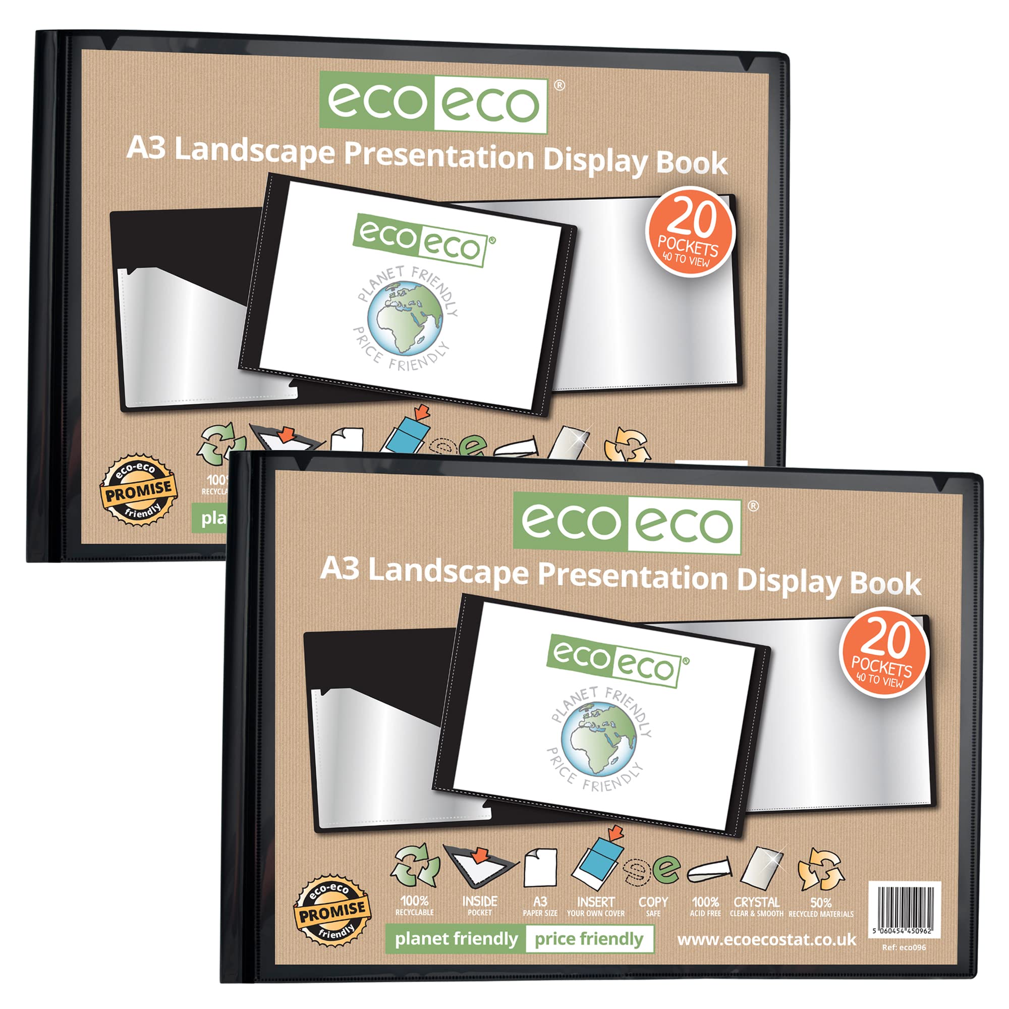 eco-eco A3 50% Recycled 20 Pocket Black Landscape Presentation Display Book, Storage Case Portfolio Art Folder with Plastic Sleeves, Pack of 2 Folders, eco096x2