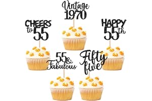 ZHUOWEISM 30PCS Happy 55th Birthday Cupcake Toppers Glitter Fifty Five Vintage 1970 Cupcake Picks 55 Fabulous Cheers to 55 Years Cake Decorations for 55th Birthday Anniversary Party Supplies Black