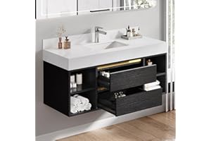 DWVO 48 Inch Black Floating Vanity Bathroom with Grey Sintered Stone, Wall Mounted Vanity with Ceramic Sink Included 2 Drawers and Shelves, Soft-Close Design