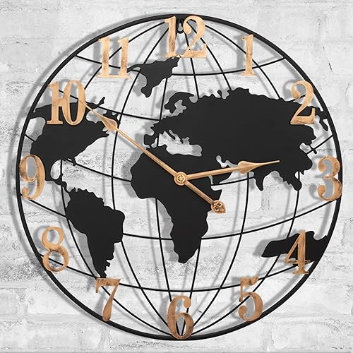 SUKYING Large Outdoor Clock, 24 Inch Big Metal Wall Clock Silent Battery Operated, Retro World Map Decorative Clock for Farmhouse, Kitchen, Living Room, Pool Area, Patio (Black - Bronze Arabic)