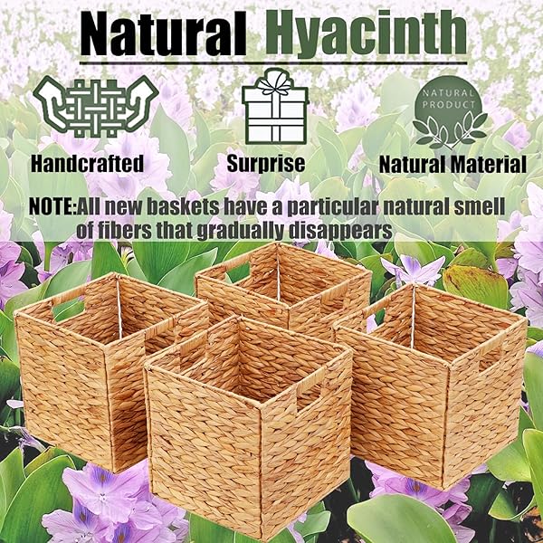 JGJCYO9 STORAGE BASKETS 11X11INCH CUBE BASKETS 4 PCS BASKETS,FOLDABLE HANDWOVEN WATER HYACINTH LAUNDRY ORGANIZER,CUBE STORAGE BASKETS