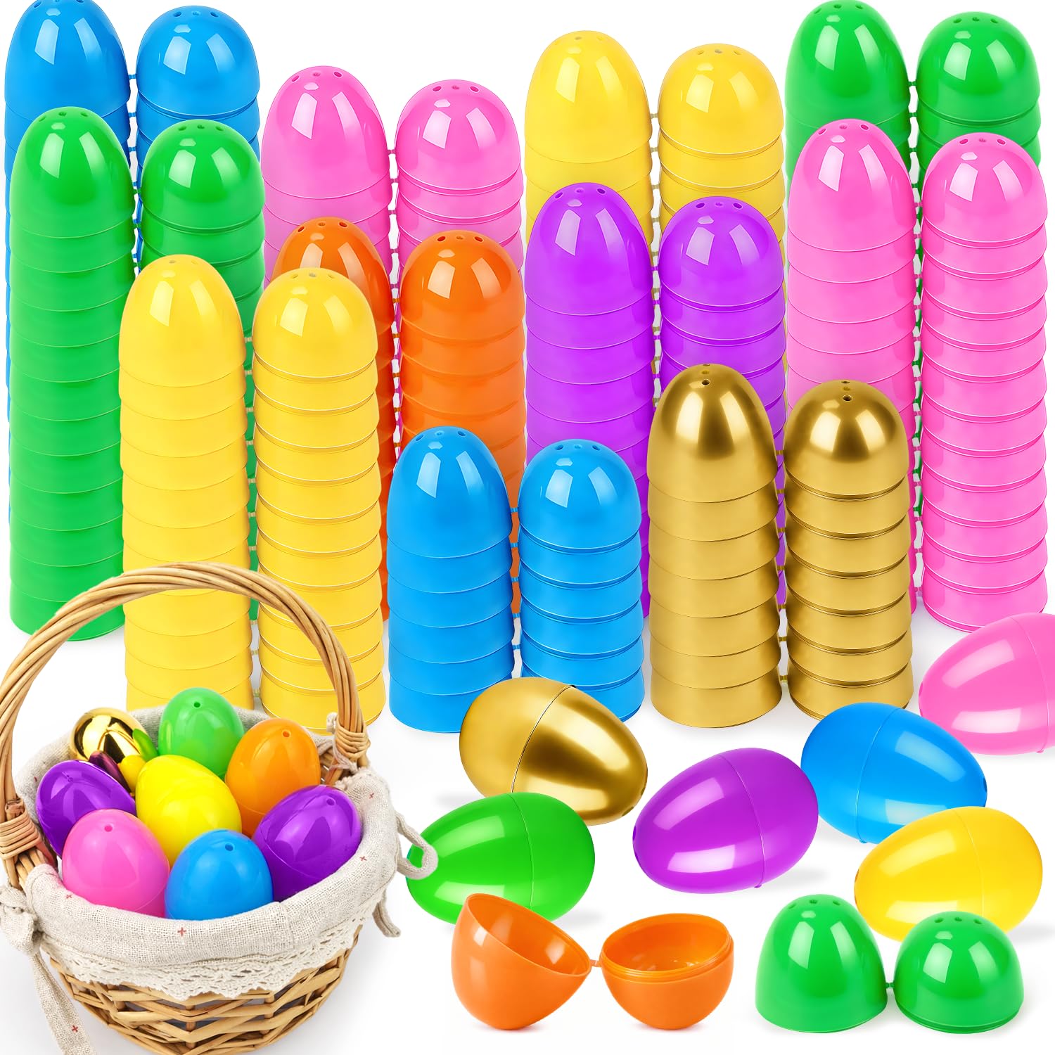 72-288 PCS Easter Essentials Empty Eggs for Egg Hunt, Bulk Hinged Plastic 2.36" 66 PCS Colorful Eggs with 6 PCS Golden Eggs for Easter Surprise, Assorted Eggshells for Classroom Supplies Stuff Items