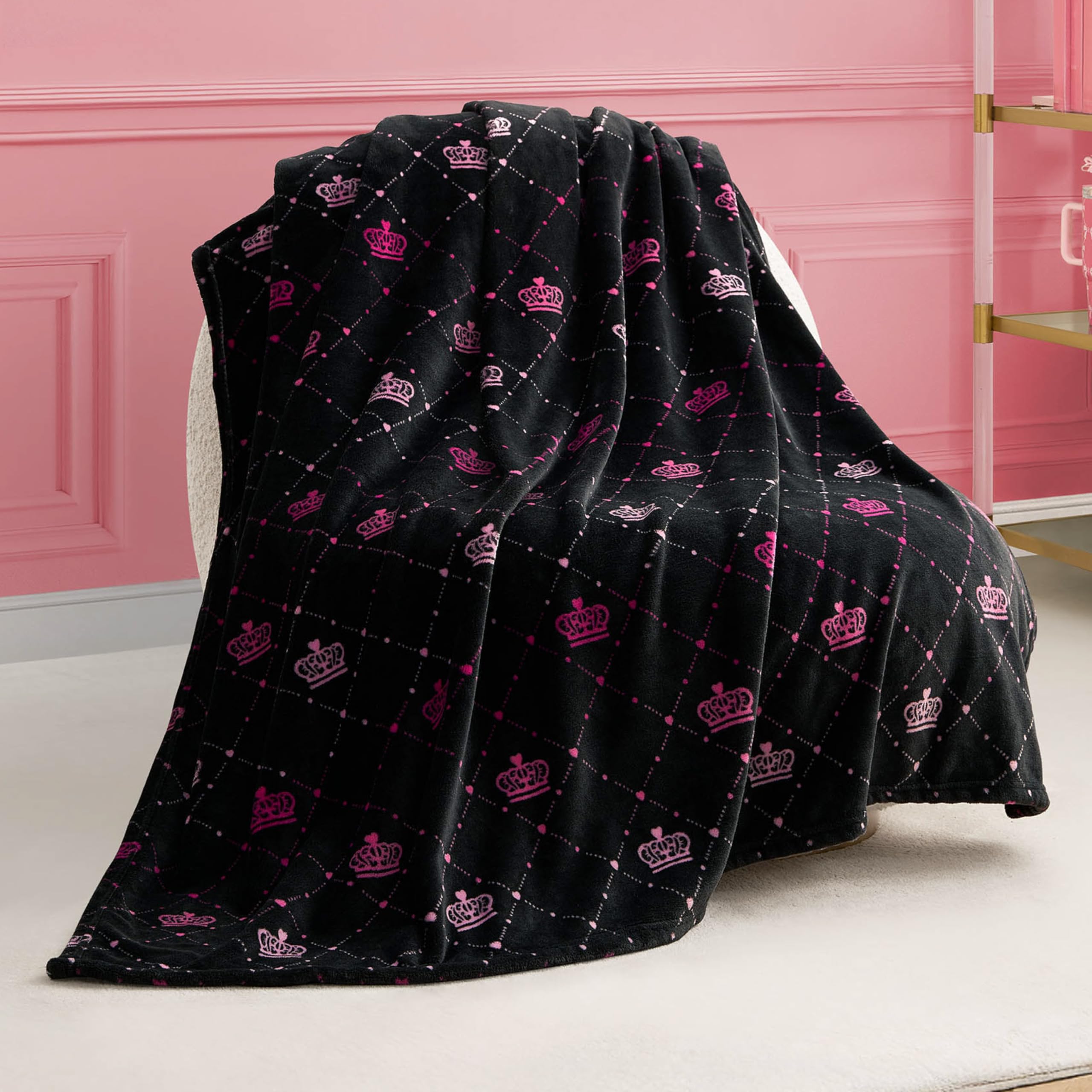 Juicy Couture Elegant Crown Diamond Ombre 50" x 70" Plush Throw Blanket, Black - Decorative Blankets for Sofas, Throws for Chairs, and Beds Image