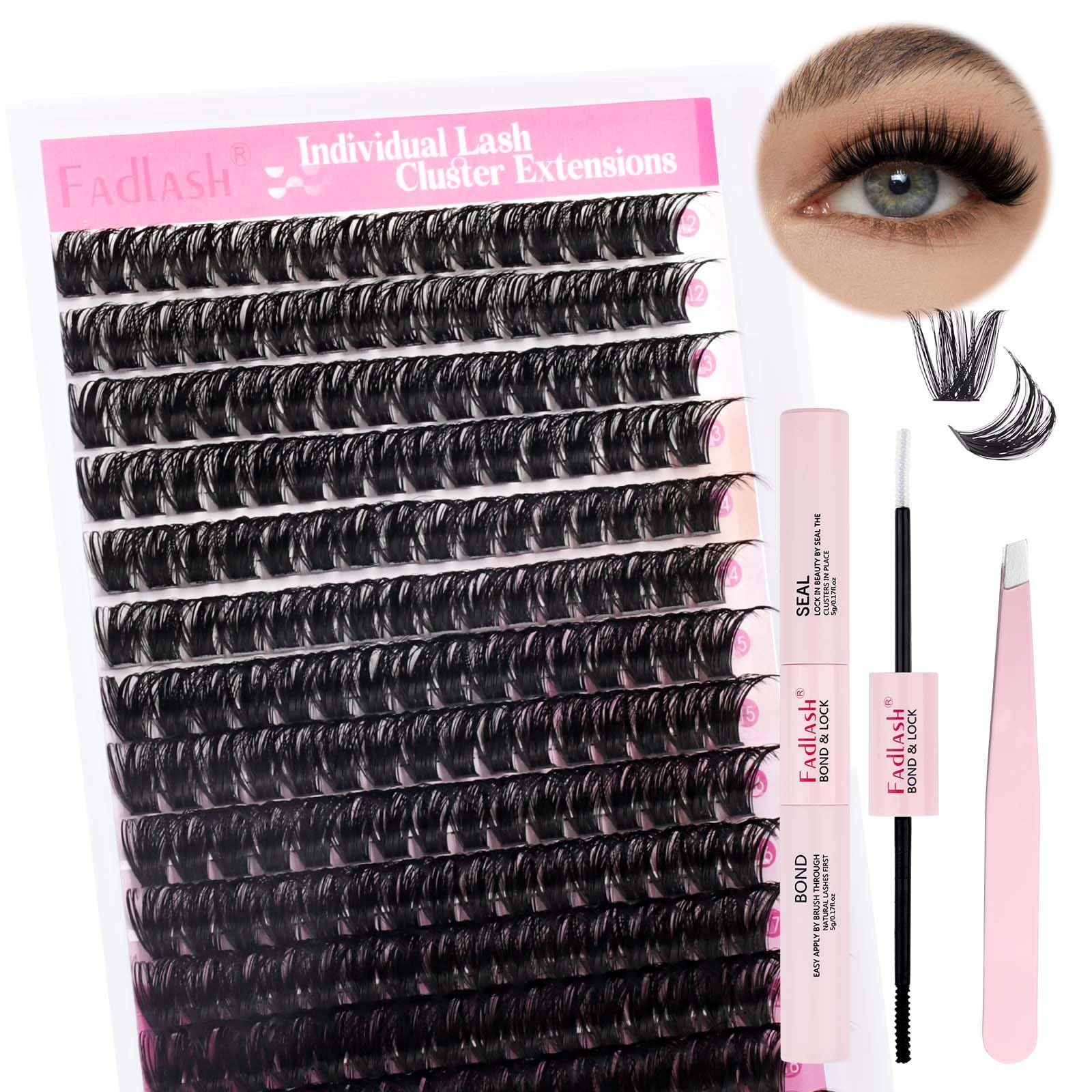 FADLASH 100D 0.07mm D Curl 12-18mm with Bond and Seal and Tweezers Fluffy Cluster Lashes DIY Eyelash Extensions — image 1