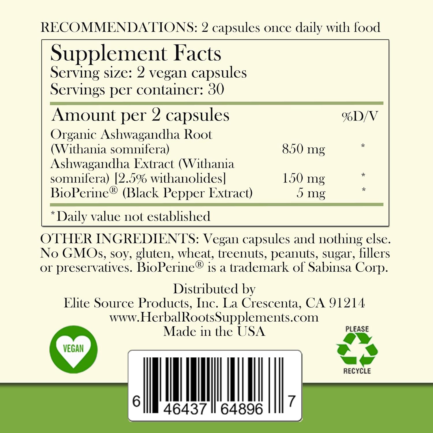 Herbal Roots Ashwagandha Capsules – Extra Strength Pure Organic Ashwagandha Root Powder Extract with BioPerine Black Pepper - 60 Vegan Capsules - Made in USA: Health & Personal Care