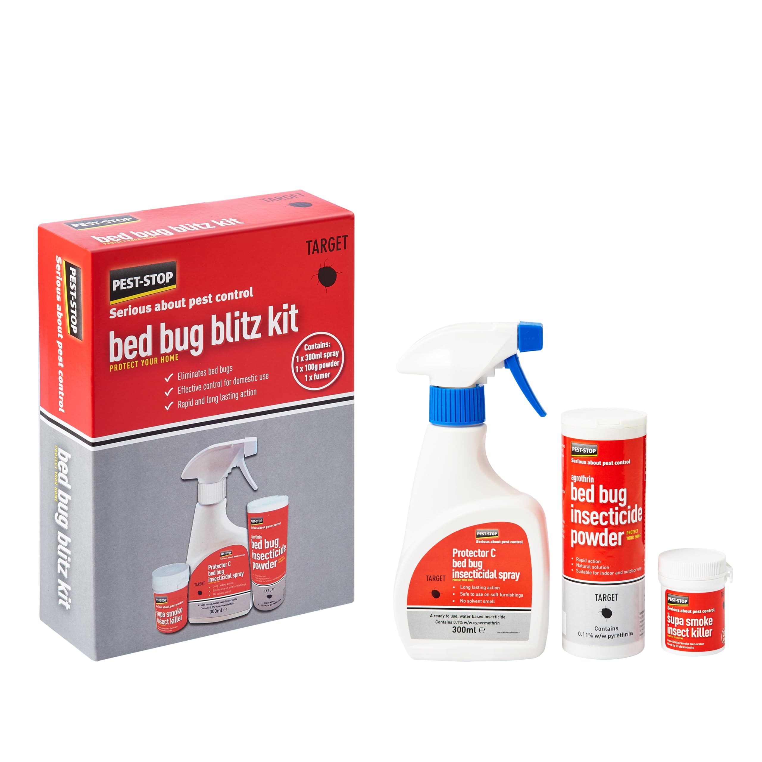 Pest-Stop Bed Bug Blitz Kit – 300ml Spray, 100g Powder & 11g Fumer – Multi-Action Indoor Bed Bug Control – Long-Lasting Protection