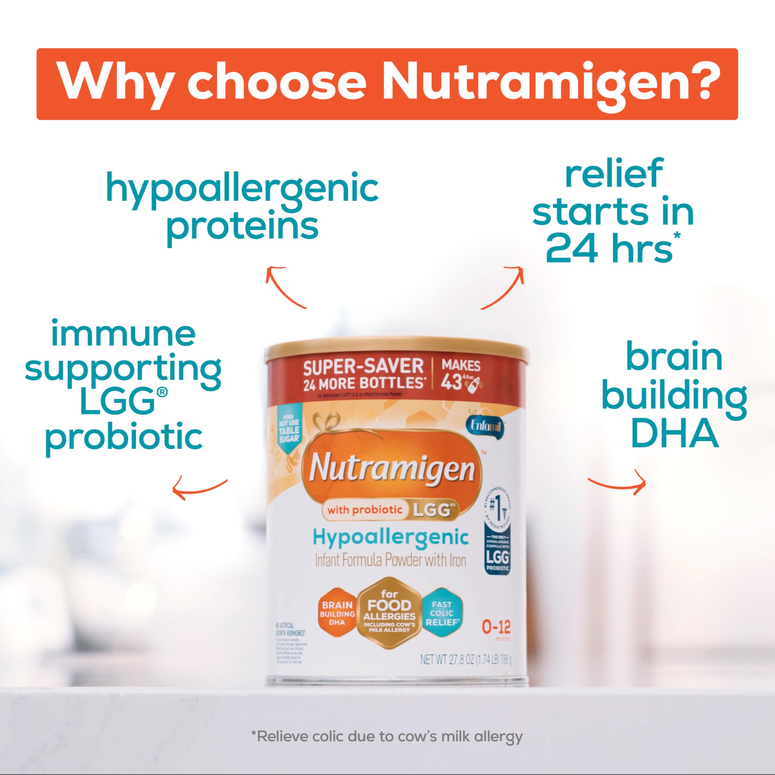 Enfamil Nutramigen Hypoallergenic Baby Formula with Iron, Lactose Free, Colic Relief from Cow's Milk Allergy Starts in 24 Hours, Brain Building DHA, Probiotic LGG for Immune Support, 27.8 Oz Can