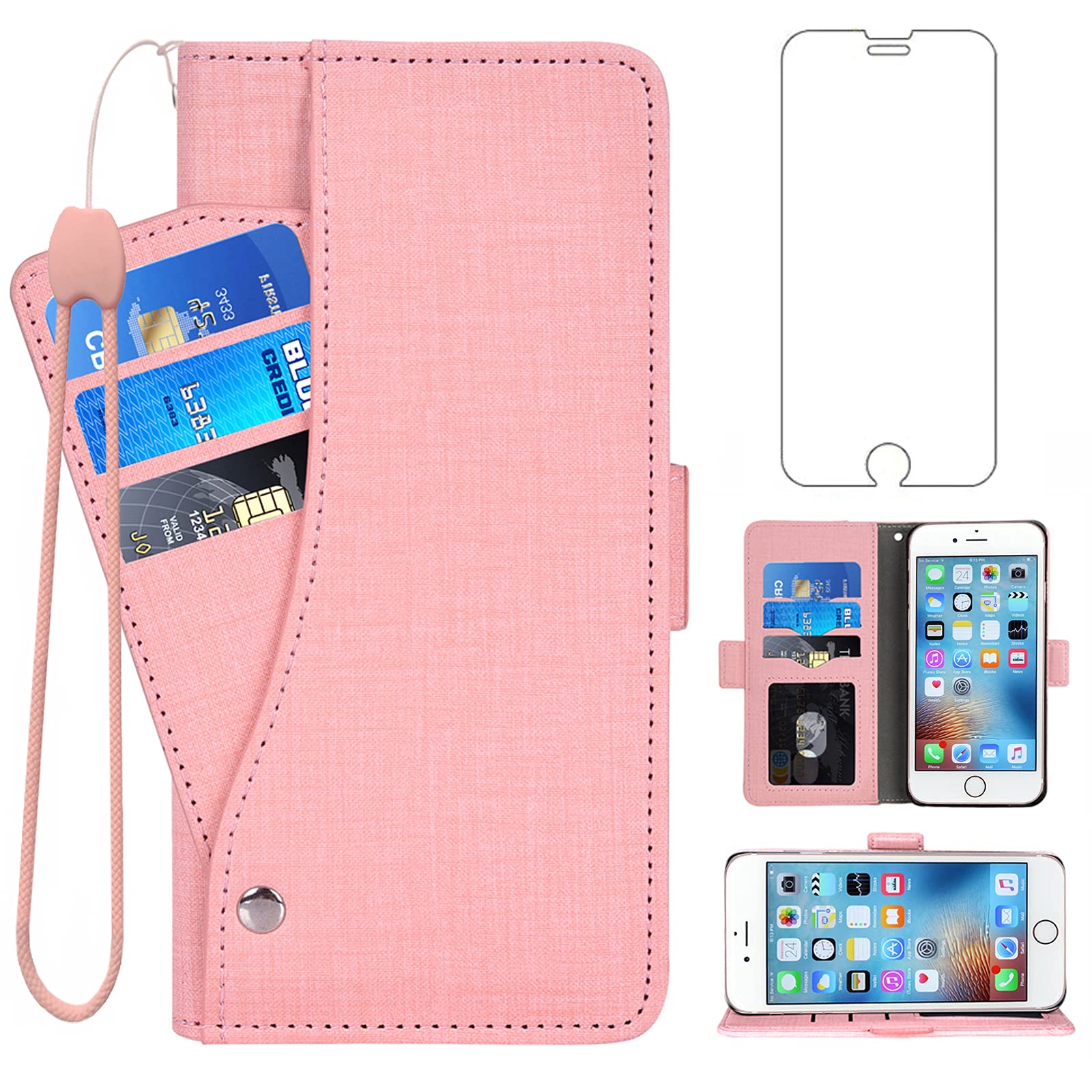 Asuwish Compatible with iPhone 7plus 8plus 7/8 Plus Wallet Case Tempered Glass Screen Protector and Flip Cover Card Holder Stand Cell Phone Cases for i Phone7s 7s + 7+ 8s 8+ Phones8 Women Men Pink