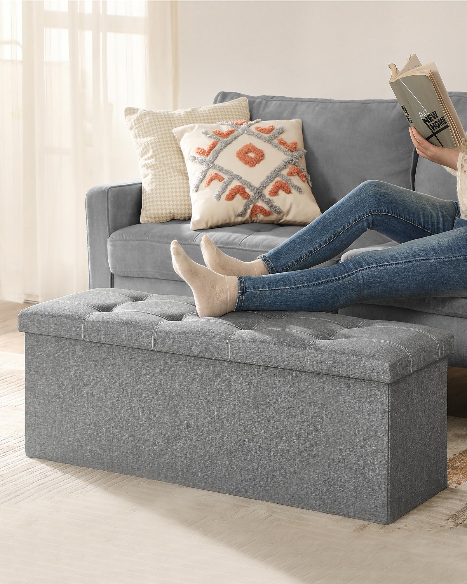 SONGMICS Mazie Collection - 43 Inches Ottoman Storage Bench, 35 Gal. Folding Chest with Breathable Linen-Look Fabric, Load up to 660 lb, for Entryway, Living Room, Bedroom, Light Gray ULSF077G05 - Image 8