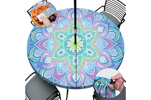 opstellen Round Tablecloth with Umbrella Hole and Zipper Waterproof Fitted Patio Table Cloth Outdoor Tables Cover Cloths Elastic Tablecloths for Camper Picnic Camping Outdoors Outside 40"-44" Bohemia