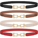 4 Pack Women Skinny Elastic Belts Gold Buckle Thin Stretchy Waist Belts for Dresses