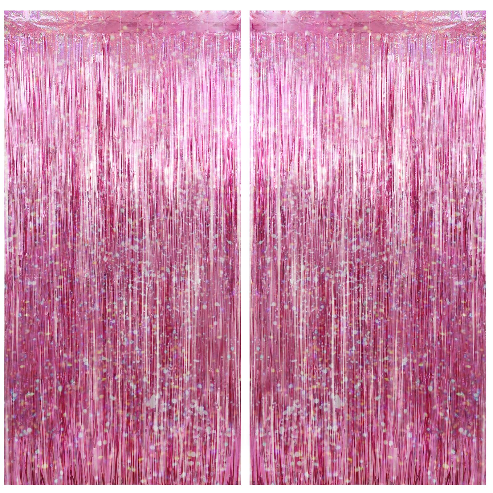 Photo 1 of 2 Pack Pink Birthday Decoration, Party Fringe Backdrop Decor Tinsel Foil Curtain Door Backdrop Banner Photo Booth Streamer for Birthday Wedding Baby Shower Bachelorette Disco Party Engagement