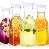 Zmpkhba 4 Pack Plastic Carafe with Lids, 1 Liter Large Mimosa Bar Juice Drink Containers Clear Beverage Square Base Bottle for Fridge, Water, Milk, Iced Tea, Hand Wash