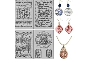 CONCHLERY 4 Sheets Retro Text Pattern Polymer Clay Texture Sheet Mushrooms and Butterfly Patterns Rubber Texture Mat for Poly