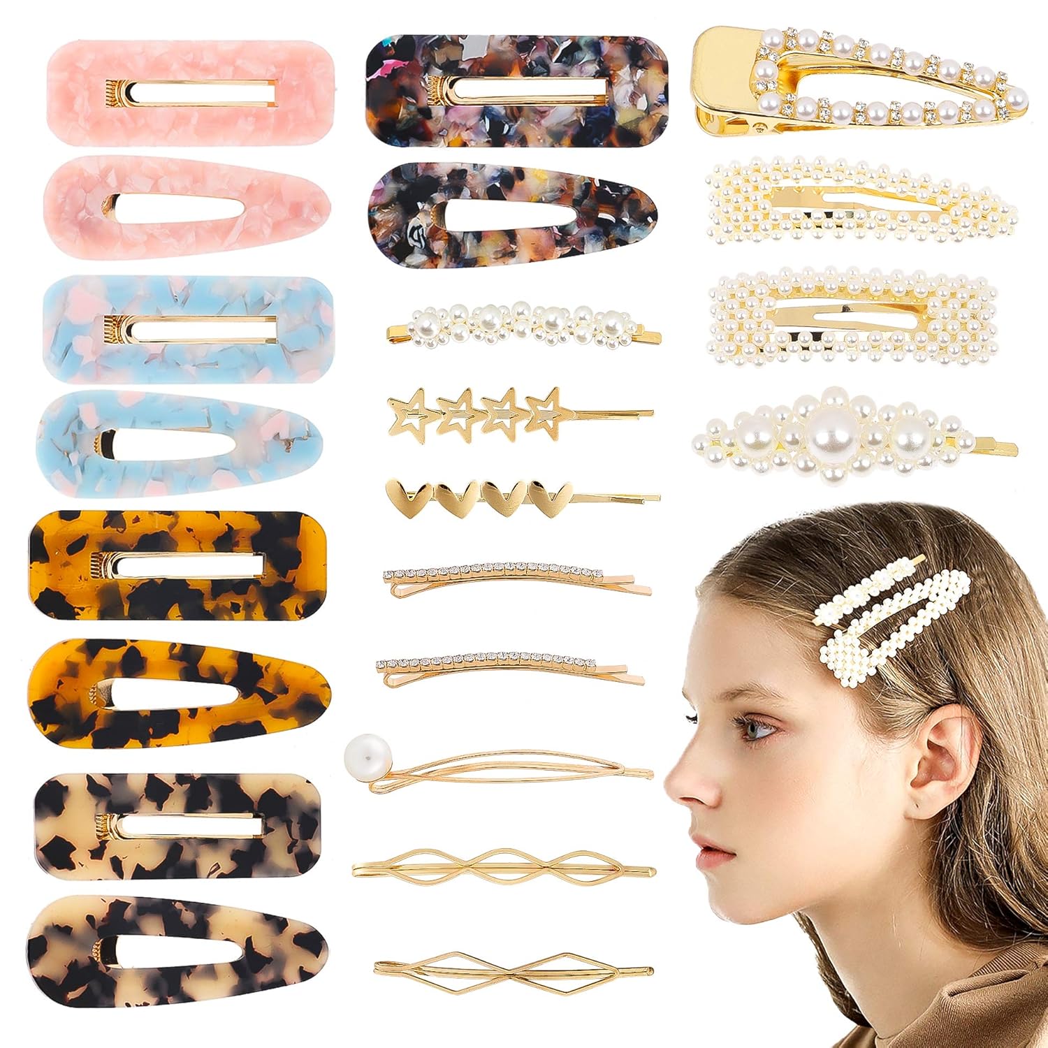 R.HORSE 23 Packs Hair Clips Set Acrylic Resin Hair Barrettes Artificial Pearl Clips Alligator Gold Bobby Pins Geometric Hair Accessories for Women Ladies Wedding Bridal