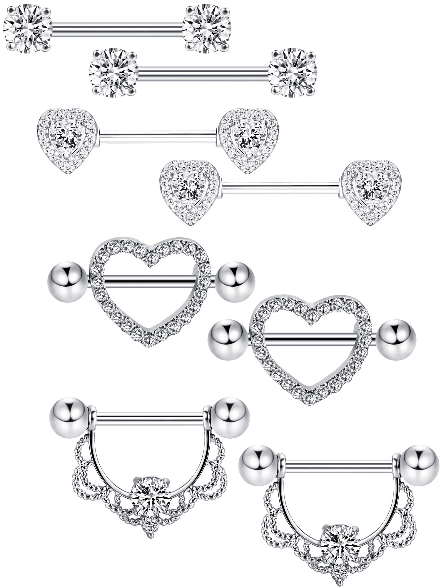 4 Pairs Stainless Steel Nipple Rings Tongue Ring Piercing Body Jewelry Barbell CZ Heart Shape Rings for Women Girls (Color 1)