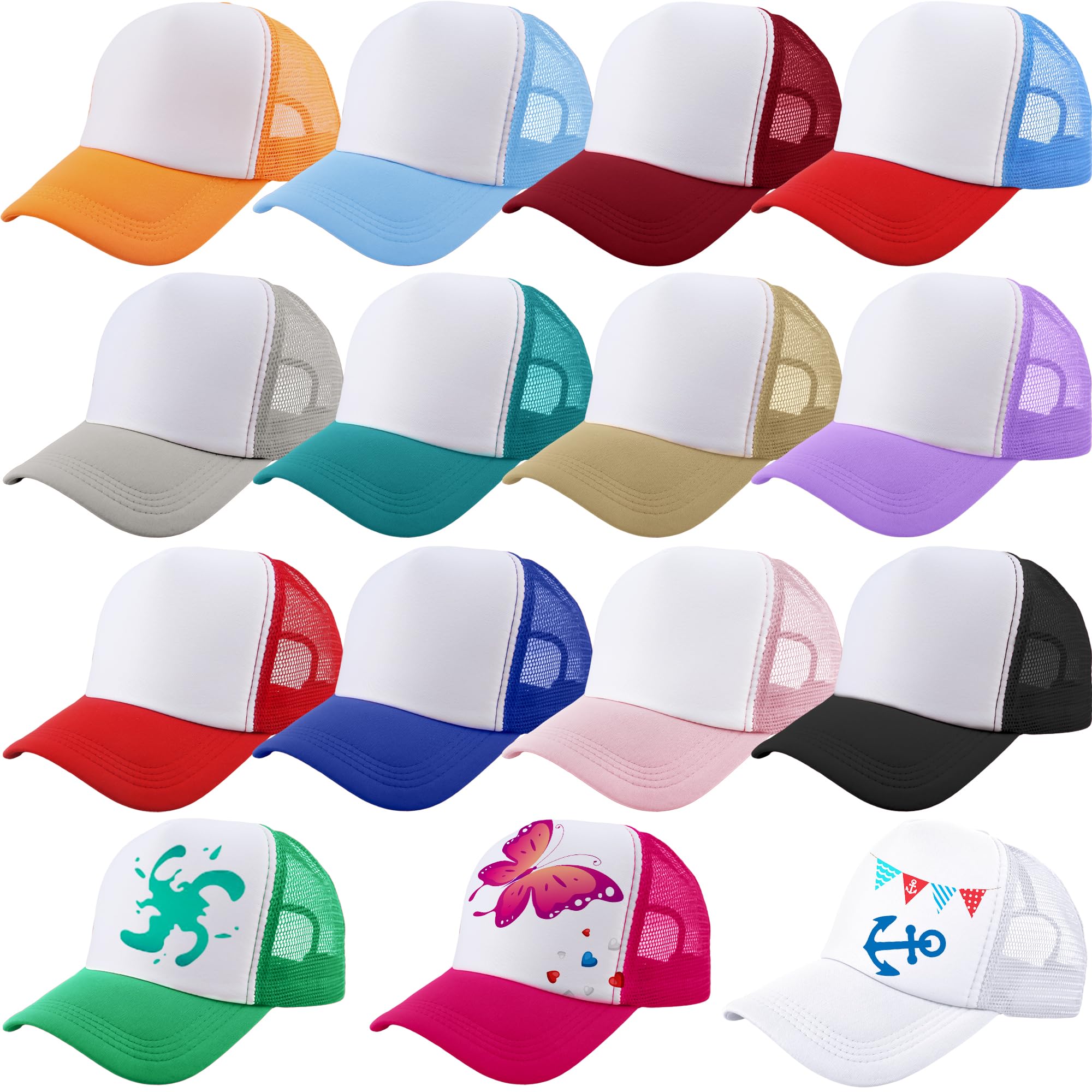 Photo 1 of 15 Pack Kids DIY Trucker Hats Bulk Summer Mesh Baseball Cap Blank Sublimation Trucker Cap for Child Summer (US, Numeric, 6 3/4, Color Set 4)
