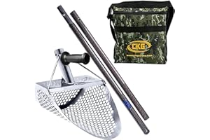 CKG Sand Scoops for Beach Metal Detecting Stainless Steel Beach Metal Detecting Shovel Underwater Treasure Hunting, Metal Detector Accessories(Bag + Scoop + Carbon Fiber Handle), (11x8 + Handle)