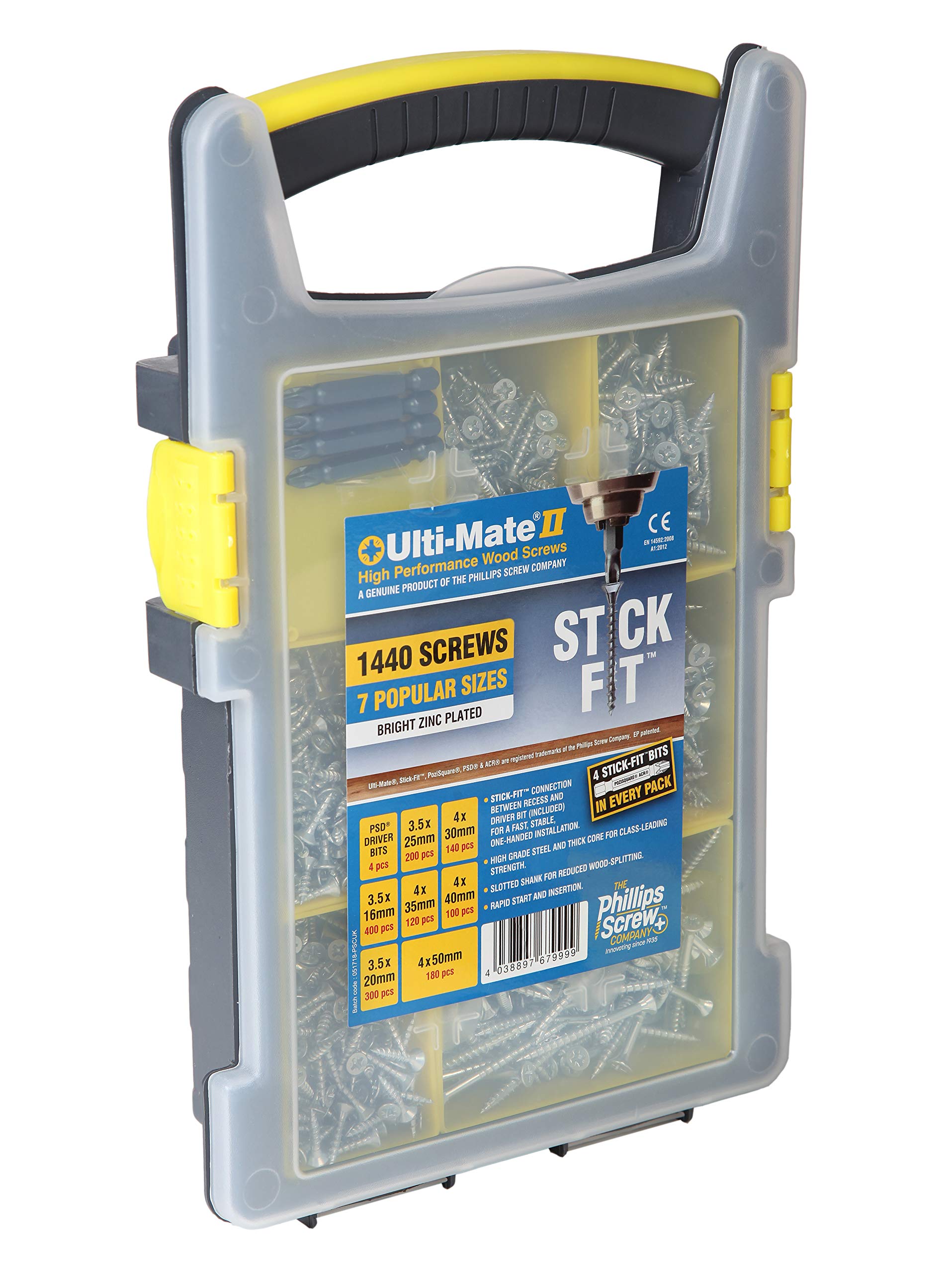 Ulti-Mate Bright Zinc Site Pack Assortment - 1440 Screws 4 Stick-Fit Driver Bits in 7 Popular Sizes, bright zinc (silver)