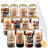 12 Set Employee Appreciation Gifts, Inspirational Thank You Gift for Team, Teacher, Nurse, Coworkers, Employees, Staff - Employee Christmas Gifts, 20oz Glass Cups with Lids and Straws (Mixed)