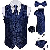 DiBanGu Mens Paisley Vest and Tie Set Silk Formal Suit Waistcoat and Bowtie Hankerchief Lapel Pin Set 8PCS for Wedding Party