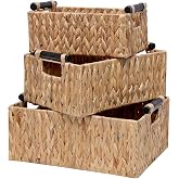 Water Hyacinth Storage Baskets Set of 3 Handwoven Storage Bins for Nursery | Rectangle Handwoven Wicker Cubes with Wood Handles, Rustic Laundry Organizer for Bedroom Kitchen Bathroom