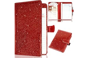 KOLODOGO Server Book for Waitress,Leather Waiter Book Organizer with Zipper Pocket, Bling Waitress Money Wallet and Pen Holder, Restaurant Waitstaff Organizer, Glitter Red