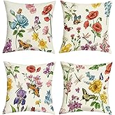 Joymaison Garden Flowers Butterfly Spring Summer Throw Pillow Covers 18x18 Inch Set of 4 Farmhouse Iris Poppy Floral Dragonfly Cushion Pillow Case Home Decor for Sofa Bedroom