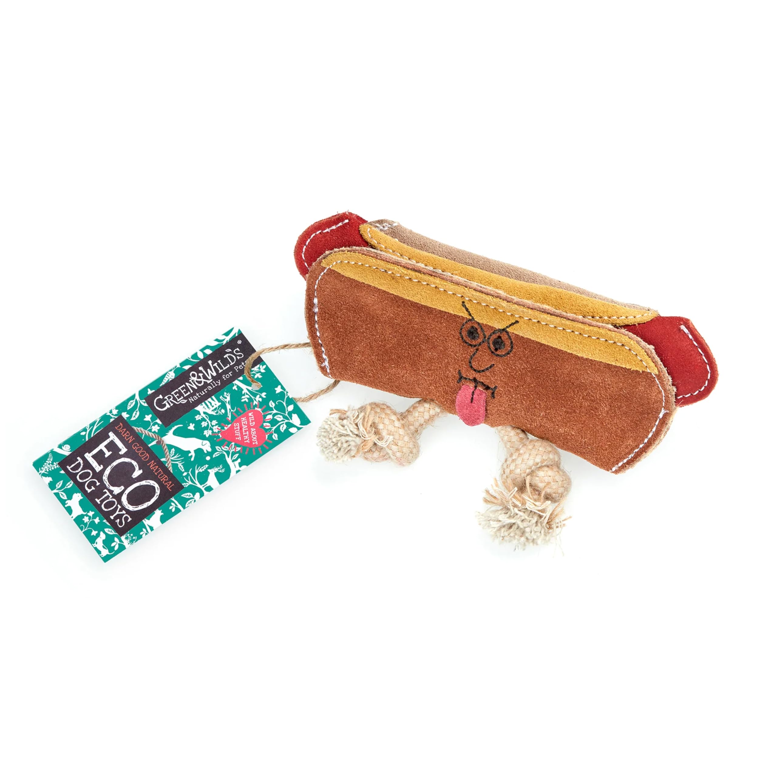 Green & Wilds Eco-Friendly Natural Dog Toy - Harry The Hot Dog - Suede & Jute Sustainable Chew Toy