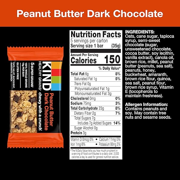 KIND HEALTHY GRAINS BARS, PEANUT BUTTER DARK CHOCOLATE, 1.2 OUNCE, 5 COUNT