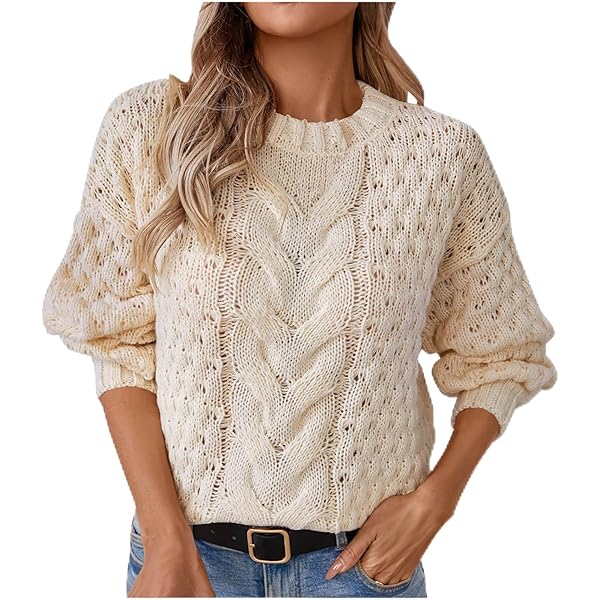 Women's Hollow Out Crochet Chunky Cable Knit Sweater Crew Neck