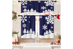 Britown Christmas Blue Vintage Retro Kitchen Curtains Window Curtains and Valances Set 36 Inch, Snow Snowflakes Winter Xmas Tree Short Tier Curtain, Christmas Small Kitchen Decor