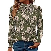 LUYAA Puff Long Sleeve Shirts for Women Tops Dressy Casual Frill Mock Neck Smocked Cuffs Blouses