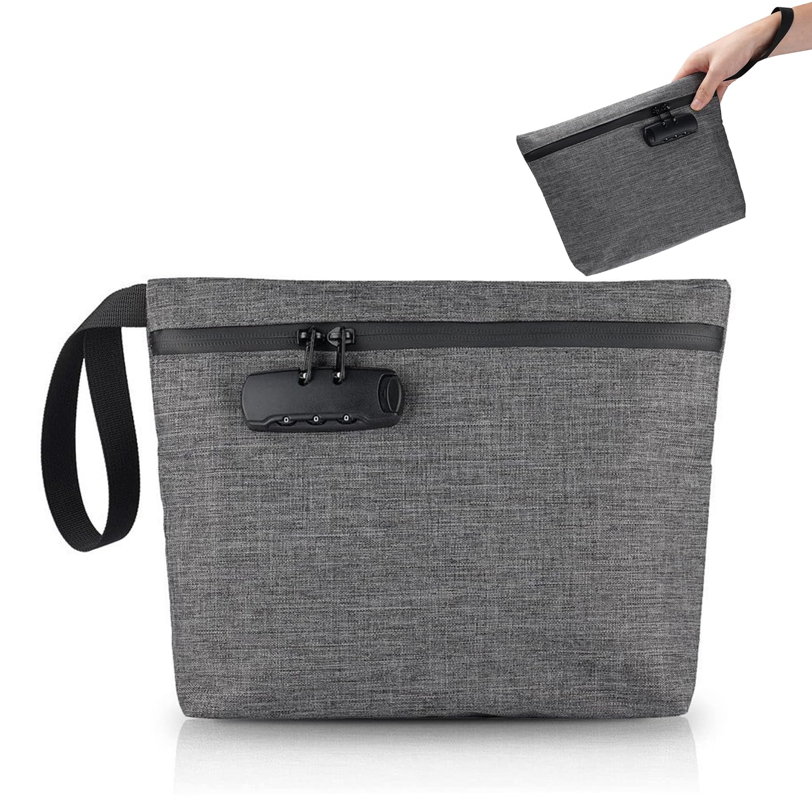 Security Smell Proof Bag with Combination Lock, 13 x 8 Inches Odor Proof Container, Waterproof Lockable Cash Bag with Zipper & Handle,Travel Safe Smell Proof Pouch for Passports Herbs Cards, Grey