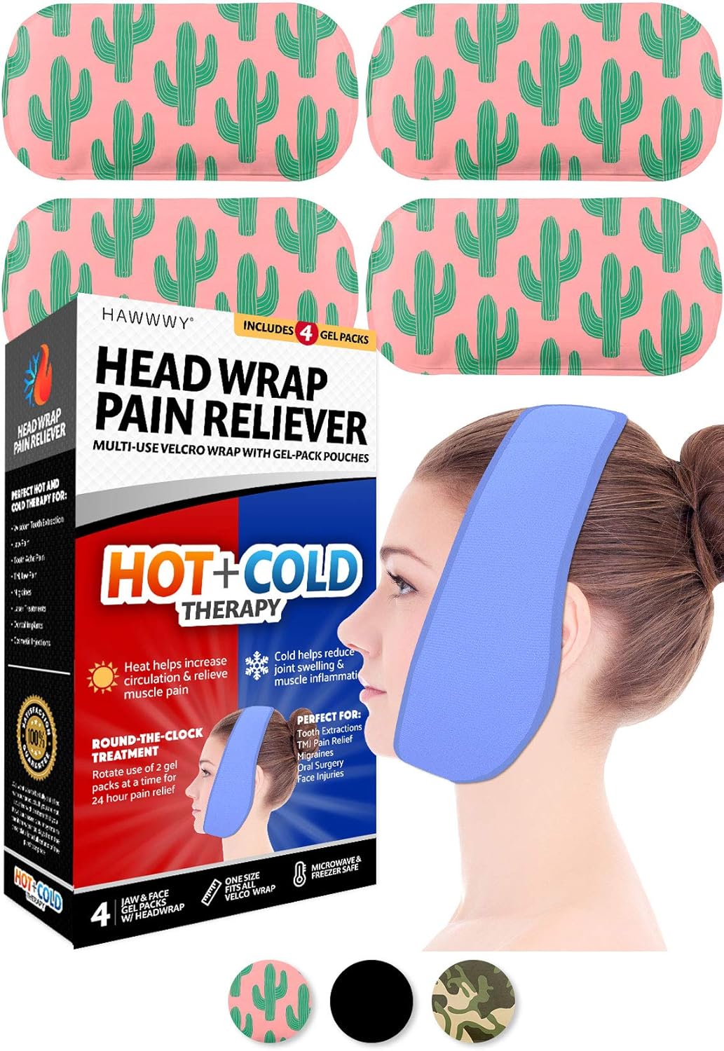 Hawwwy Head Wrap Pain Reliever (1 Wrap, 4 Reusable Hot Cold Gel Packs) Used for Wisdom Teeth Tooth TMJ Splint Face Chin Head Oral Surgery Headache Migrane Jaw Dental Relief Heating Pad Ice Pack Cactus: Health & Personal Care