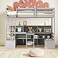 Okak Twin Size Loft Bed, Toddler Kids Loft Bed with Desk and Storage, Wood Beds Frames with Shelves, Drawers, Seat for Girls or Boys Room, Gray/Grey